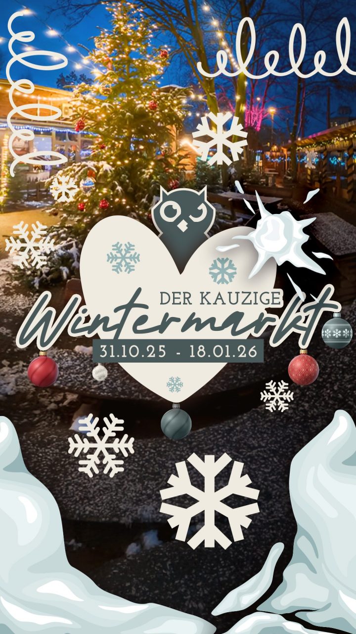 Winterlich beleuchteter Biergarten mit geschmücktem Tannenbaum, Lichterketten und Schneedekoration. Im Vordergrund grafische Elemente wie Schneeflocken, Weihnachtskugeln und ein Herz mit Kauz-Logo. Text im Motiv: Der kauzige Wintermarkt – 31.10.25 bis 18.01.26.